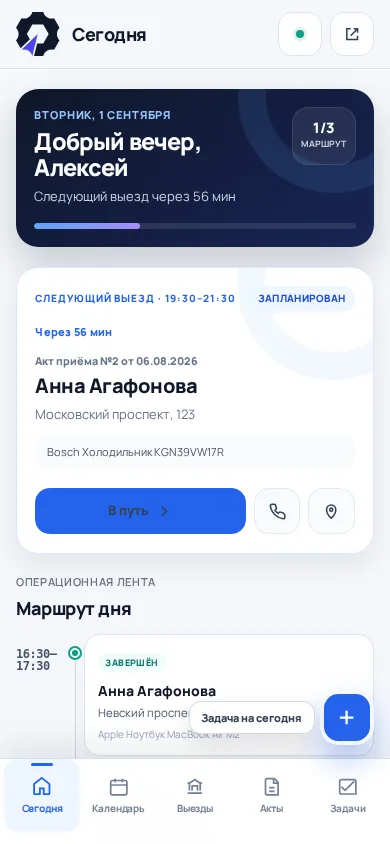 План рабочего дня мастера и ближайший выезд
