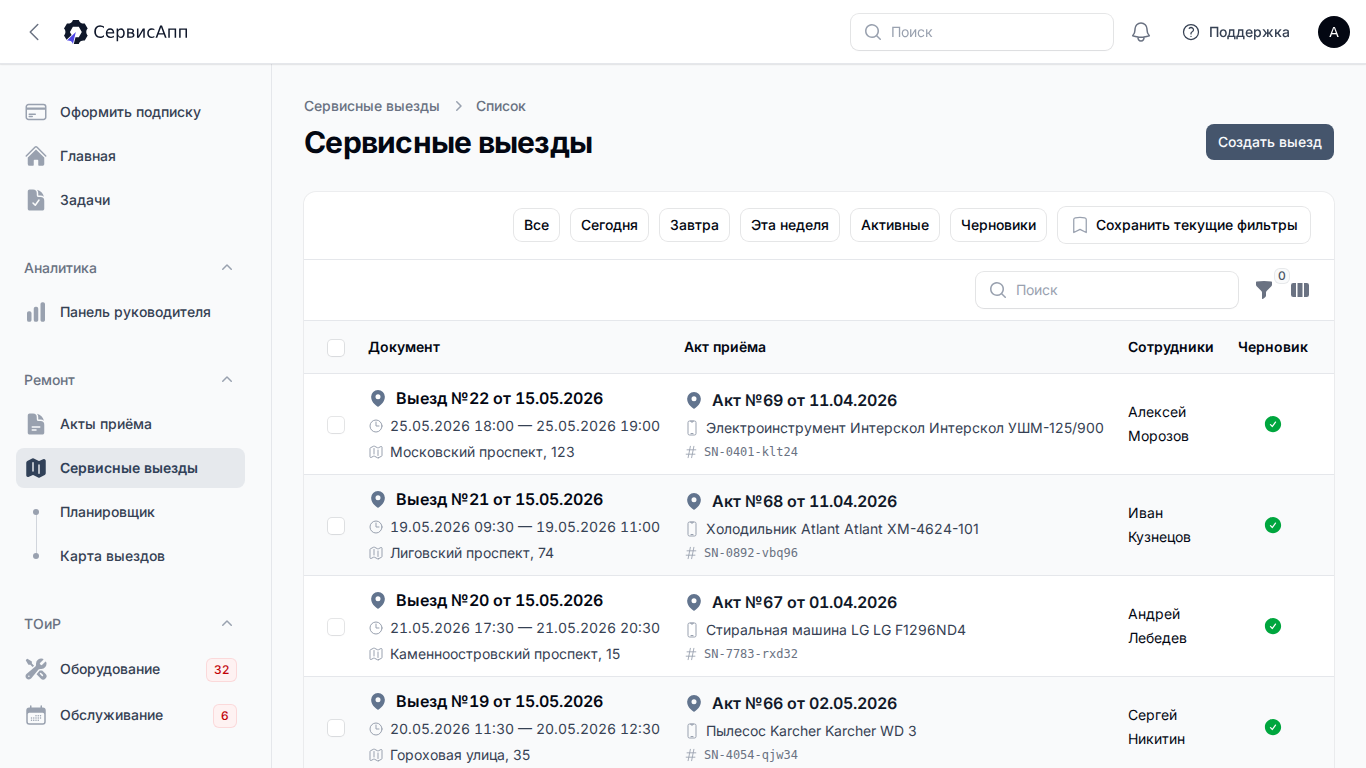 Список сервисных выездов
