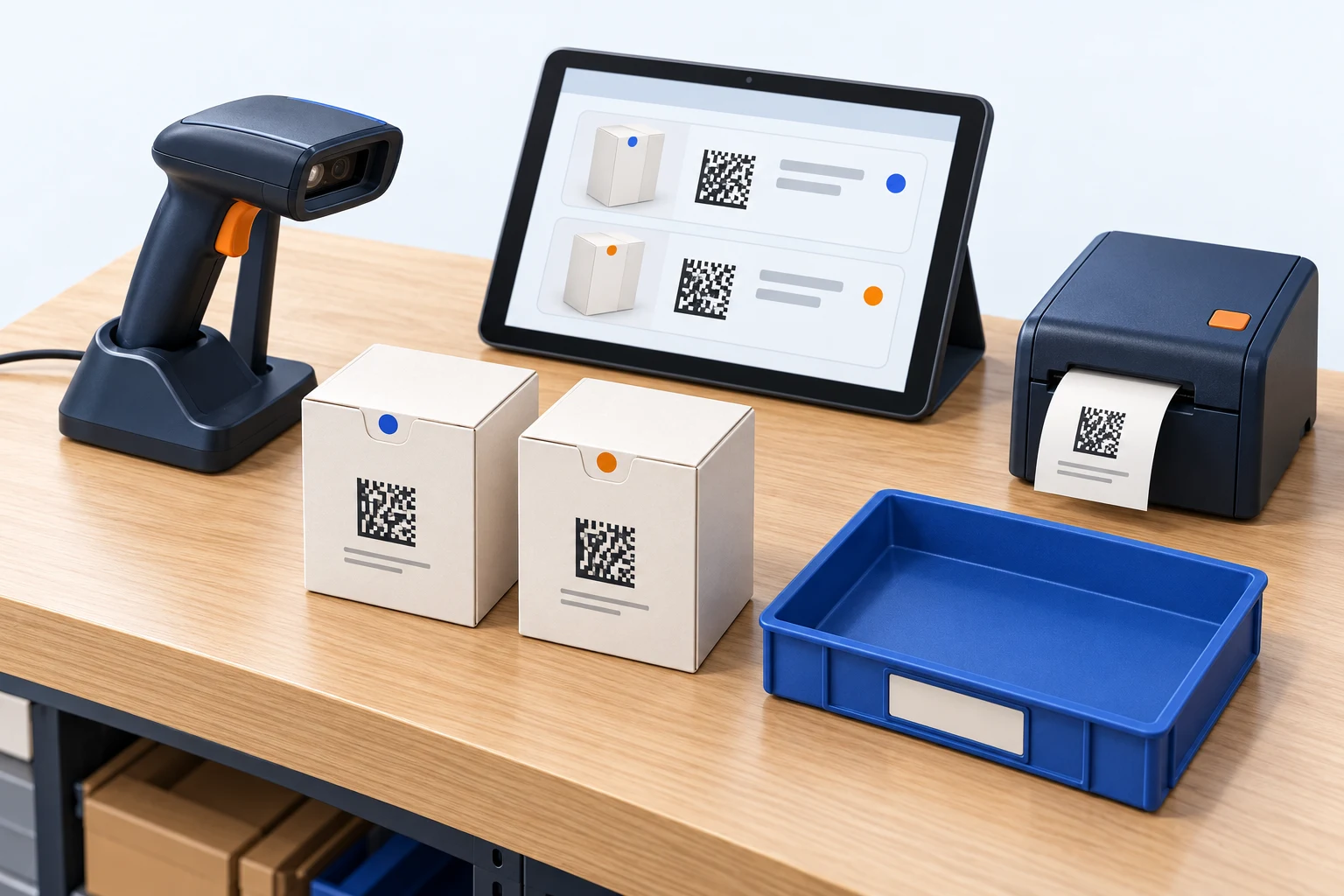 Две одинаковые упаковки с разными условными Data Matrix, сканер и чековый принтер на столе приёмки