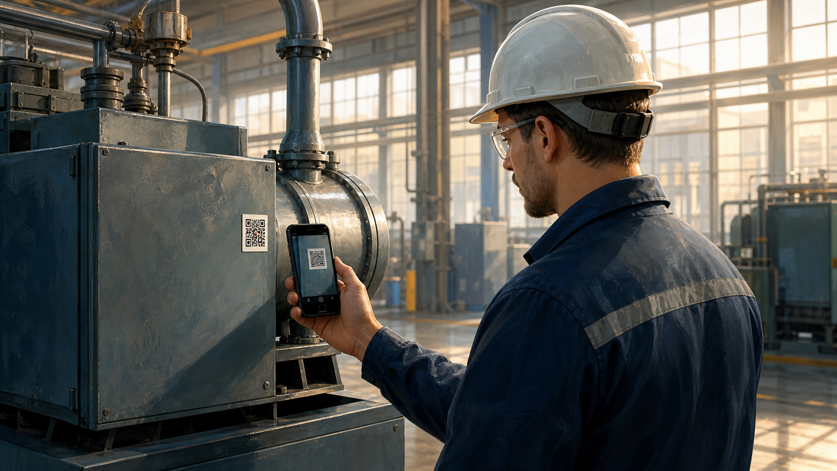 Мастер в заводском цехе сканирует смартфоном QR-код на промышленном оборудовании